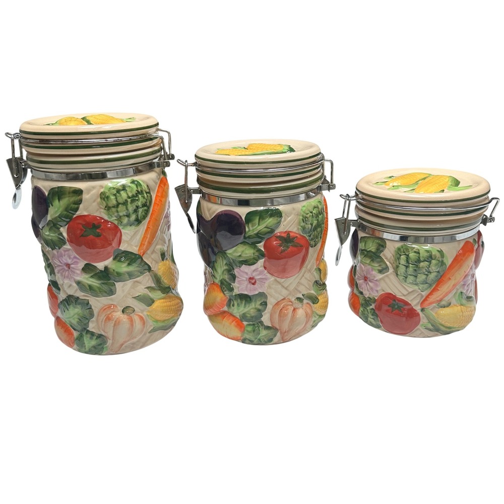 Vintage Gourmet Home Accents Ceramic Canister 3 pc Set Sculpted Fruit Colorful - Picture 4 of 16